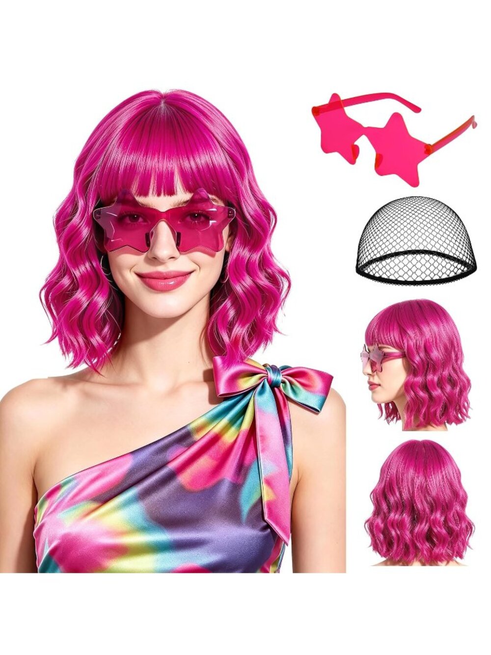 Women's Hot Pink Short Wavy Bob Bangs 15.7 Inch Heat Resistant Synthetic Wig